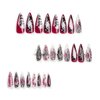 MISUD Press on Nails Long Stiletto Fake Nails Glossy Glue on Nails Goth Red Black Ombre Acrylic Nails Gothic Cross Artificial Nails Chrome Swirl Stick on False Nails with Design 24 pcs