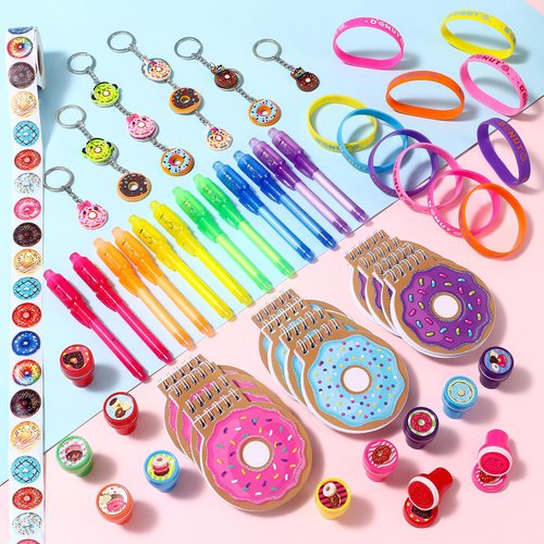 KELENO 61 Donut Party Favors Two Sweet Birthday Party Supplies Mini Notebook Ink Pen Stamp Silicone Bracelet Keychain Sticker Toy Gift Goodie Bag Stuffer Kid Girl Candyland Party Favors