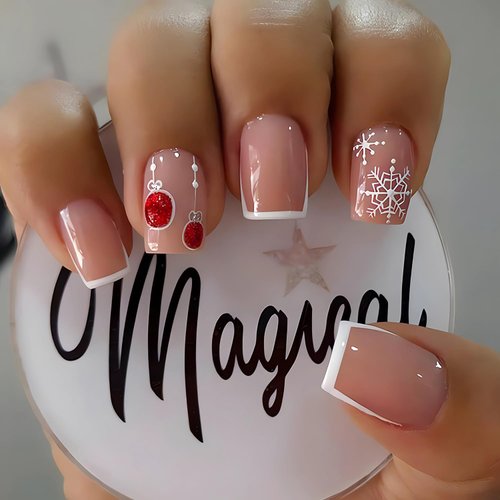 LPOODDNU Christmas Press on Nails Short Fake Nails, White French Tip Christmas Nails with Snowflake Designs Cute Nude Artificial Nails Winter Square Shape False Nails with Glue Tabs for Women, 24Pcs
