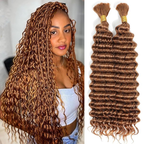 Fabimiya Deep Curly Braiding Human Hair 100g 18 Inch Color 30 Auburn Brown Deep Water Wave Bulk Human Hair for Braiding No Weft Brazilian Virgin Deep Curly Human Hair Extensions for Boho Braids