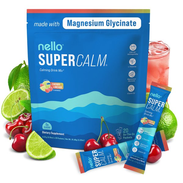 Nello Supercalm Drink Mix - Ashwagandha KSM 66, Magnesium Glycinate & L-Theanine Supplement - Ashwagandha Root Extract - Focus and Relaxation Support (20 Travel Packets) - Cherry Limeade
