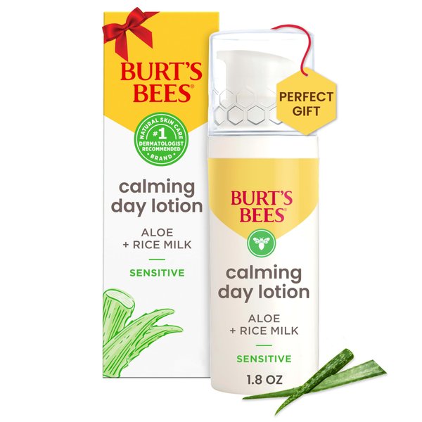 Burt's Bees Skin Care Stocking Stuffers, Face Moisturizer With Aloe and Rice Milk, Calming Day Face Lotion for Sensitive Skin, 98.9 Percent Natural Origin Skin Care Christmas Gifts, 1.8 oz. Bottle