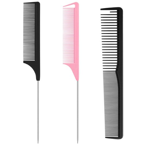 3Pcs Hair Rat Tail Comb Parting Rattail Combs Teasing Fine Tooth Comb Metal Hair Combs Set，Long Steel Pin Rat Tail Teasing Comb，Barber Hair Styling Tools(Black|Black|Pink)