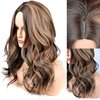 Vieuinaux Brown Mixed Ash Blonde Long Wigs for Women,20inch Wave Curly Middle Part Synthetic Hair Wig Daily with layered