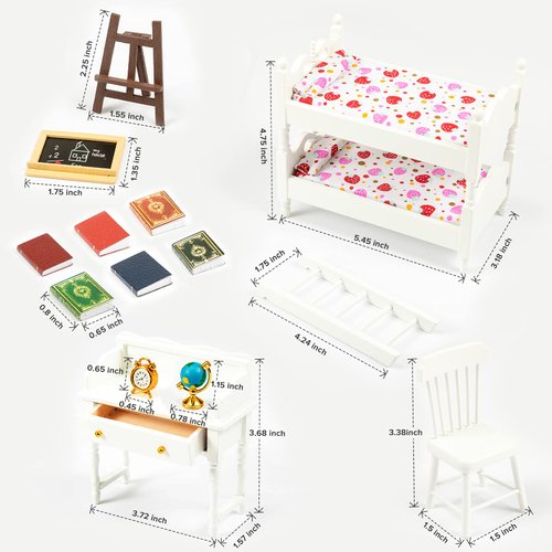 SAMCAMI Miniature Dollhouse Furniture 1 12 Scale - Wooden Dollhouse Bed Set - Doll House Furniture Toys Incl Doll Bed, Desk, Books, blackboards and Other Dollhouse Accessories