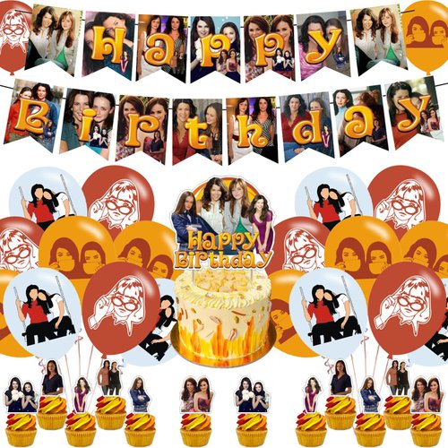𝓖𝓲𝓵𝓶𝓸𝓻𝓮 𝓖𝓲𝓻𝓵𝓼 Birthday Party Decorations,𝓖𝓲𝓵𝓶𝓸𝓻𝓮 𝓖𝓲𝓻𝓵𝓼 Theme Party Supplies for Kids Adults with Happy Birthday Banner Cake Topper Cupcake Toppers Balloons for TV Show theme