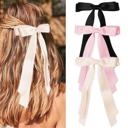 Bmobuo Hair Clip, 3Pcs Satin Bows for Hair Clips - Beige, Pink, Black Hair Ribbon Clips for Women...