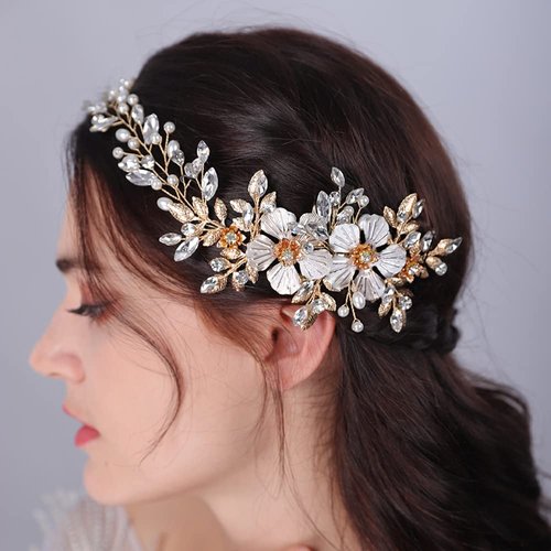 JWICOS Gold Wedding Headband Pearl Flower Bridal Hair Comb for Wedding Crystal Hair Accessories for Women Girls Wedding Hair Vine for Brides and Bridesmaids
