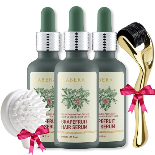 New Abera Grapefruit Hair Growth Serum for Hair Loss & Thinning Hair, with Citrus Grandis Fruit Extract, Sunflower Oil, Natural Anti-Hair Loss Treatment, Citrus Scent, Scalp Brush, 3 Bottles + 2 Gifts