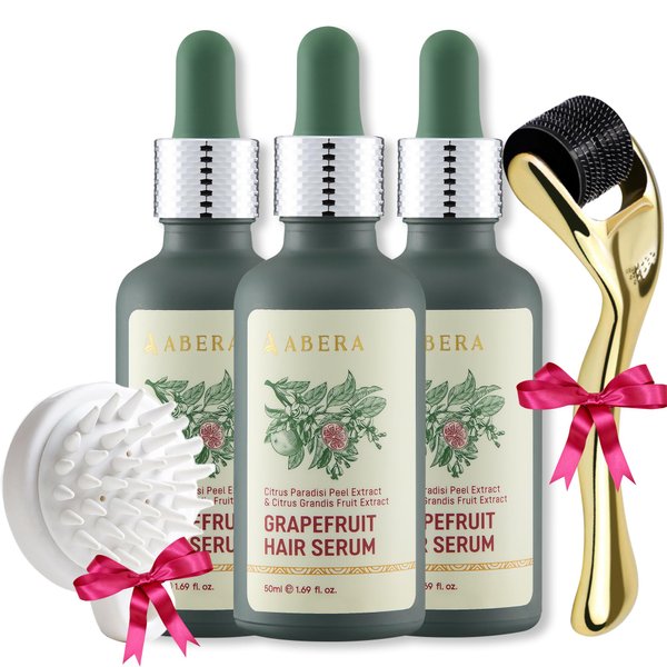 New Abera Grapefruit Hair Growth Serum for Hair Loss & Thinning Hair, with Citrus Grandis Fruit Extract, Sunflower Oil, Natural Anti-Hair Loss Treatment, Citrus Scent, Scalp Brush, 3 Bottles + 2 Gifts