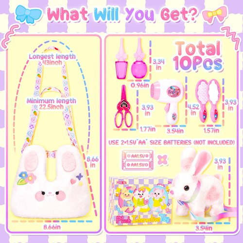 NINAOR Bunny Toys for Kids with Crossbody Bags, Interactive Rabbit Toys with Sounds Jumping Wiggling Ears, Pretend Play Robot Pet Care Cute Stuff for Girls Trip Plushies Easter Basket Birthday Gifts