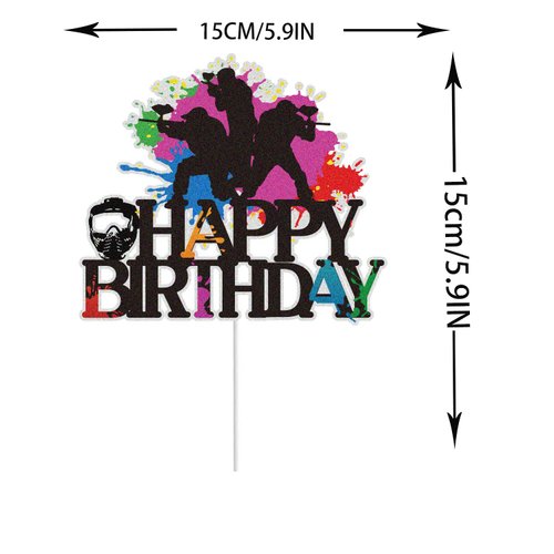 Paintball Happy Birthday Cake Topper Colorful Glitter Splash Shooting Game Themed Party Cake Decorations Paintball Gun Gaming Party Supplies for Men Women