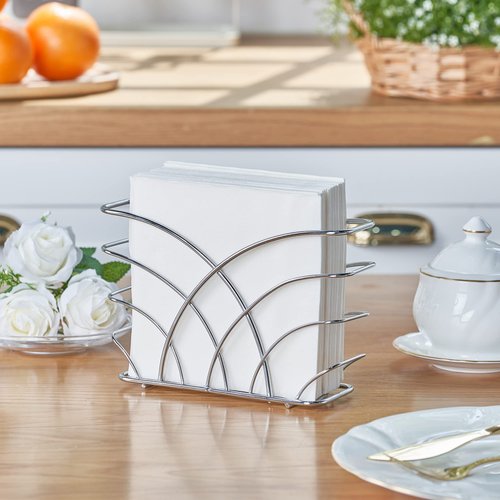 Elegant Silver Napkin Holder for Table - Decorative Napkin Holders for Paper Napkins, Kitchen Napkin Holder with Upright Storage, Fancy and Modern Stainless Steel Design, Servilleteros Para Mesas