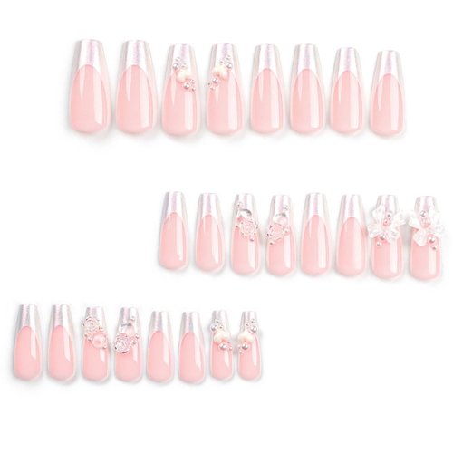 BAOYAALIN Press on Nails Medium Long Coffin Y2K Cute Fake Nails with 3D Bow Nail Charms Design Gel Glue on Nails for Women Girls Full Cover Acrylic False Stick on Nail Manicure for Wedding 24Pcs