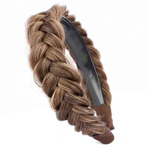 BOBIYA Wide Chunky Plaited Braided Headband Hair Band Synthetic Braid Hairpieces with Teeth Piano Two Tone Colors Accessories for Women Girl (W-Claybank)