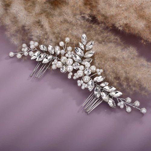 Teyglen Bride Silver Hair Comb with Rhinestones, Pearls, and Crystal, Dainty Headpiece Style, 19 * 8cm/7.48 *3.14 inches, Hair Accessory for Women and Girls