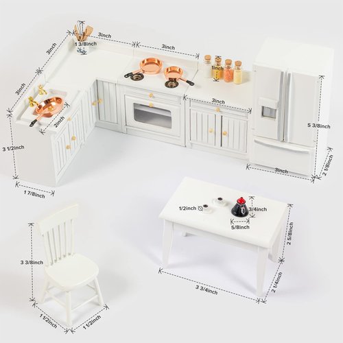 SAMCAMI Wooden Dollhouse Furniture Set - Miniature Dollhouse Furniture 1 12 Scale for Dollhouse Kitchen - Doll House Furniture Toys Incl Kitchen Cabinets, Dining Table, Refrigerator and Others (White)