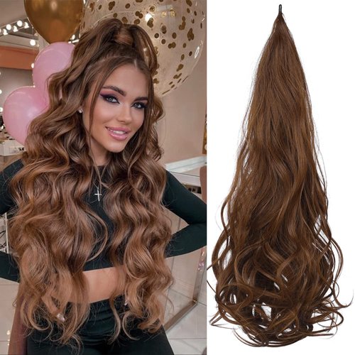Sintario 30 Inch Flexible Wrap Around Ponytail Extension Long Chestnut Brown Ponytail Hair Extensions Curly Wave Synthetic Ponytails Hairpiece for Women Daily Use (30/30A#)