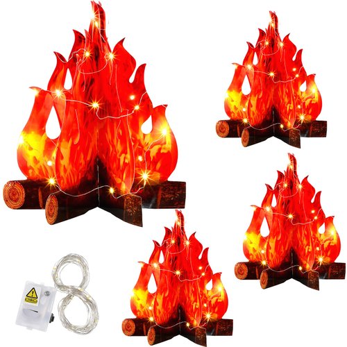 Tioncy 3 Set Fake Fire Campfire Centerpiece 3D Artificial Fake Flames with LED String Lights Fake Fire Cardboard for Camping Party Christmas Decorations(15.8 Inch)