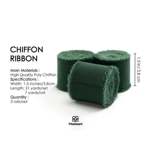 Vitalizart 3 Rolls Handmade Fringe Chiffon Silk Ribbon 1.5" x 7Yd Dark Green Ribbons Set for Wedding Invitations, Bridal Bouquets, Gifts Wrapping, DIY Crafts