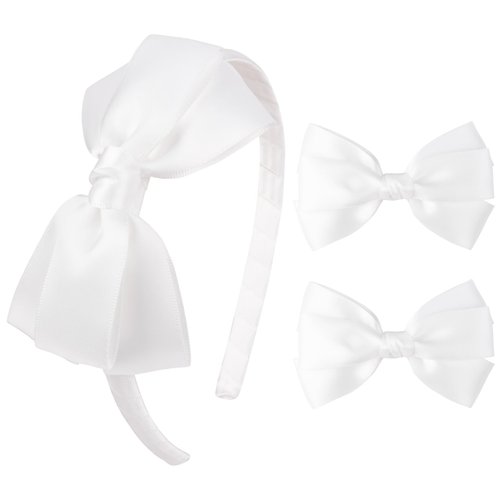 DEEKA White Bow Headband & 2 Pcs Satin 4 Inch Hair Bows Set Uniform Hair Accessories Hair Band for Little Toddler School Girls -White