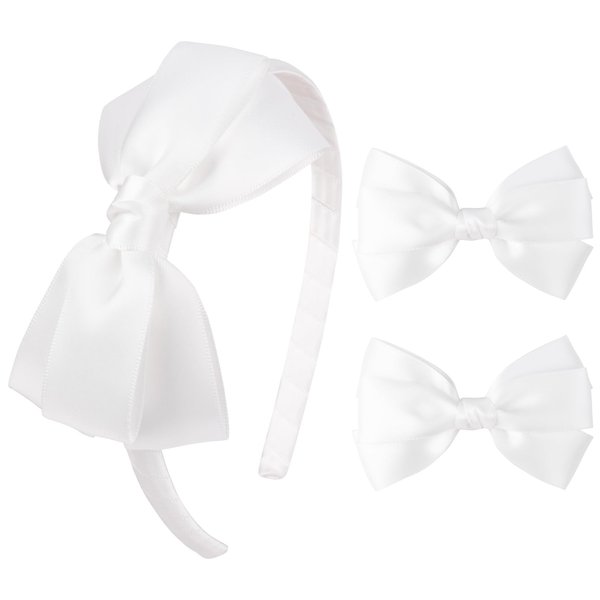DEEKA White Bow Headband & 2 Pcs Satin 4 Inch Hair Bows Set Uniform Hair Accessories Hair Band for Little Toddler School Girls -White