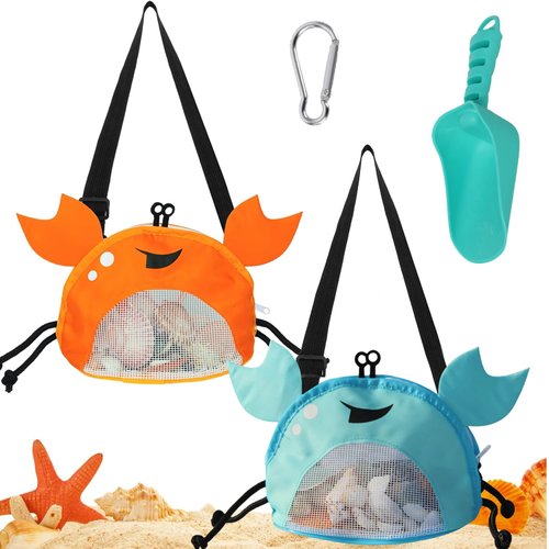 PLOGGING Mesh Beach Bags for Kids, 2Pcs Shell Collecting Bags with Adjustable Strap and Zipper, Sand Toys Beach Shell Bags with Shovel Kids Beach Necessities Green