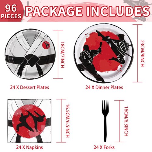 96Pcs Karate Party Supplies 350GSM Disposable Karate Themed Plates Napkins Forks Tableware Set Karate Birthday Party Decorations for Boys Ninja Birthday Party Decorations Martial Arts Favors Serves 24