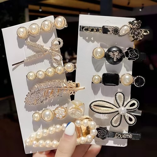 Fashion Fitoor Korean Fashion Style Pearl Rhinestone Metal Hair Clips Hair Pin Stylish Hair Accessories Jewellery For Women's And Girls, Black And White 11 Count (Pack of 1)