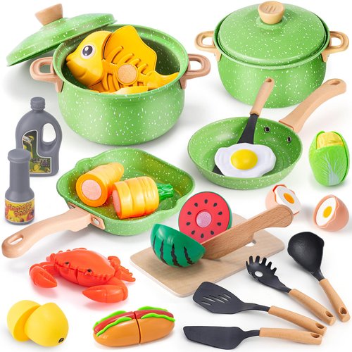Play Kitchen Accessories Play Food Set for Kids, Stainless Steel Pots and Pans Cooking Set for Toddlers Pretend Food Toys, Kitchen Playset for Kids Ages 4-8 Birthday for Boys and Girls