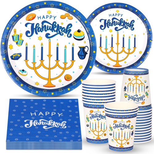 Atonofun Hanukkah Party Supplies, Happy Hanukkah Plates and Napkins Set, Hanukkah Party Plates and Cups, Napkins for Hanukkah Birthday Jewish Chanukah Themed Parties Serves 24