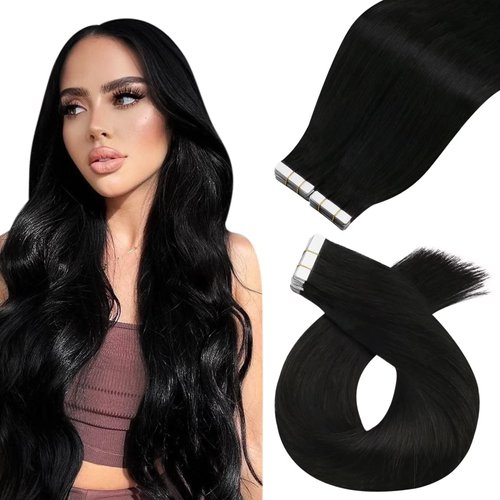 Moresoo Tape in Human Hair Extensions Black Tape ins Hair Extensions Natural Black Human Hair Tape ins Extensions Real Human Hair 24 Inch #1B 40Pcs 100G