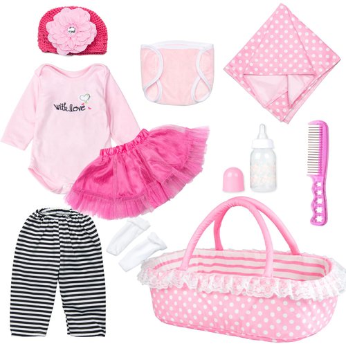 Reborn Baby Doll Clothes with Bassinet Underwear Blanket 10-Pieces Set 17-22 Inch Baby Doll Clothes Accessories Newest Design