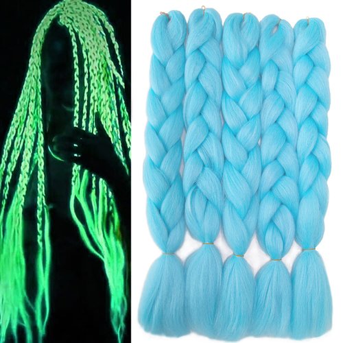Itsuhair Light Blue Braiding Hair Jumbo Box Braids Hair Extensions Glowing Kanekalon Braiding Hair Luminous Jumbo Braids Hair Glow in the Dark Braiding Hair (Light Blue)