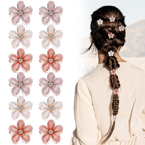 JJUNW 12 Pcs Mini Cute Flower-Shaped Hair Clips for Girls, Mini Rhinestone Hair Claw Clips, Multicolor Crystal Hair Barrettes for Long Braid Hairstyles, Pearl Hairpin for Women Hair Accessories