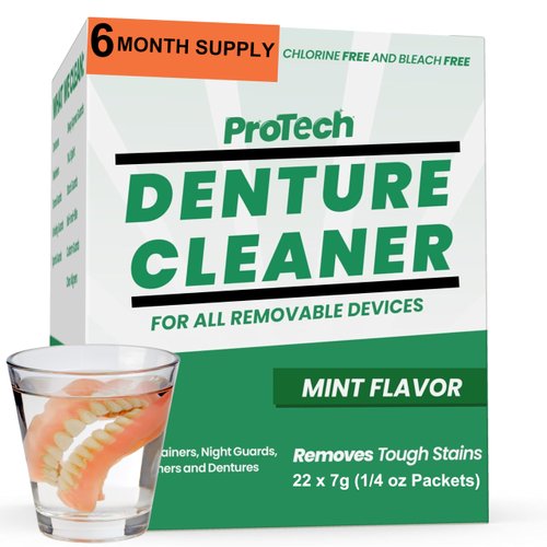 Protech Denture Cleaner (180 Days) Denture Cleanser for Retainers, Mouthguards, and Dentures, Nicotine and Coffee Stains Cleaner, Powder, 6-Month Supply