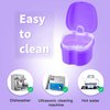 Denture Soaking Cup Dental Retainer Case Cleaning with Strainer Basket, Orthodontic Bath Box Mouthguard Storage Holder - Leak Proof and Lid Waterproof - Purple