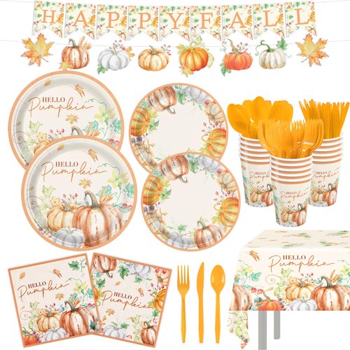 170PCS Fall Party Decorations, Fall Party Supplies Tableware Include Pumpkin Harvest Disposable Plates, Napkins, Cups, Banner, Tablecloth for Autumn Party Decorations, Serve 24