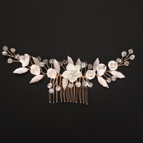 BERYUAN White Flowers Leaves Rhienstone Wedding Hair Comb Gold Leaves Flowers Hairpiece Gold Wedding Headband Rhinestone Crystal Gold Bridal Headpiece for Women