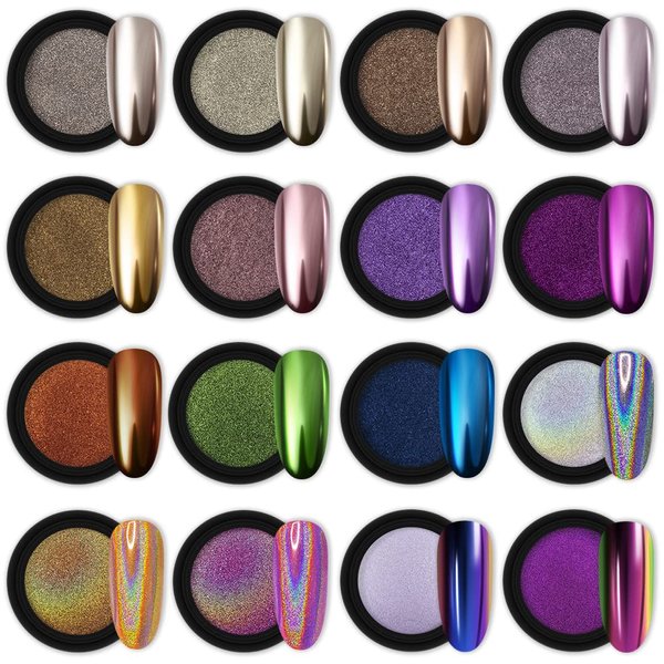 Artdone 16 Jars Chrome Nail Powder Nail Art Glitter Decoration Metallic Mirror Effect Holographic Aurora Chameleon Pigment Powder 1g/Jar Pearl for Resin Craft & Nail Art Fimo