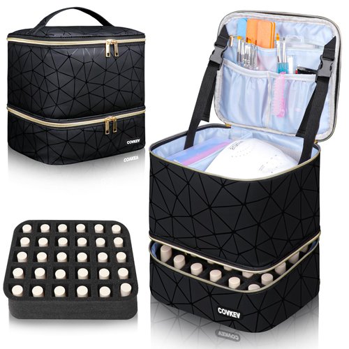 Covkev PU Leather Nail Polish Organizer Bag Holds Nail Lamp& 30 Bottles (15ml-0.5 fl.oz), Portable Travel Nail Kit Storage Carrying Case, Double Layer Nail Supplies Organizer Handbag (Elegant Black)