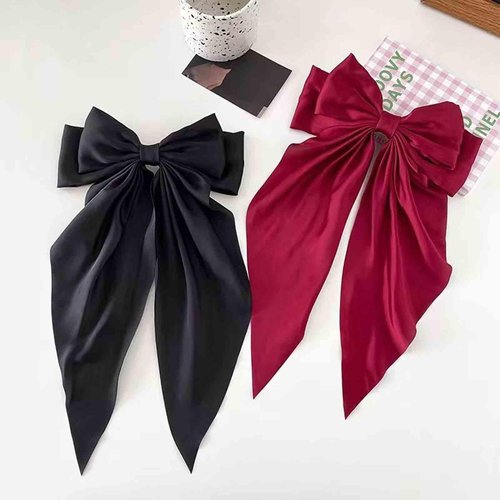 Oversized Hair Bows Clips for Women | Cute & Elegant Silk Ribbon Bow with Tassel Hair Clips for Women and Girls, Long Hair Women Must Haves (Black + Red | 2 Pack)
