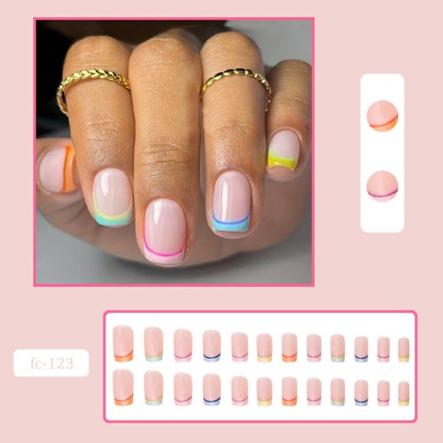 24Pcs Rainbow French Press on Nails Short Square False Nails Colourful Designs Glue on Nails Summer Glossy Full Cover Acrylic False Nails Kit Reusable Nail Art Decorations for Women Daily Wear