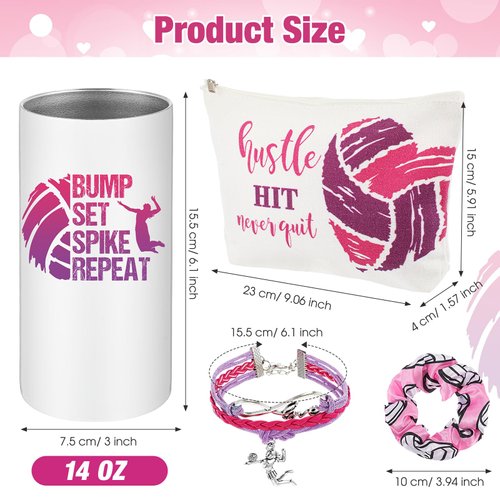 Sieral 4 Pieces Volleyball Gifts for Girls 14oz Water Bottle Hair Scrunchies Bracelet Jewelry for Girls Zipper Pouch Sports Accessories for Sports Music Lover Gifts (Pink, Purple)