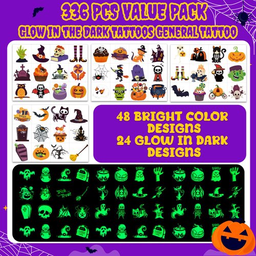 336 PCS Halloween Tattoos for Kids Assorted Glow in the Dark Temporary Tattoos Colorful Tattoo Stickers Halloween Party Favors Decorations Goodie Bag Fillers for Boys Girls
