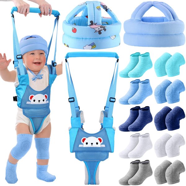 Leumoi 13 Pcs Baby Safety Helmet Infant Baby Walking Harness with Anti Slip Knee Pads for Crawling Toddler Socks 2 No Bumps Baby Head Protector 1 Adjustable Walking Assistant (Blue Bear)