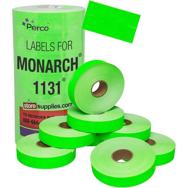 Perco Fluorescent Green Pricing Labels for Monarch 1131 Price Gun - 1 Sleeve, 8 Rolls, 20,000 Price Marking Labels - with Ink Roll Included