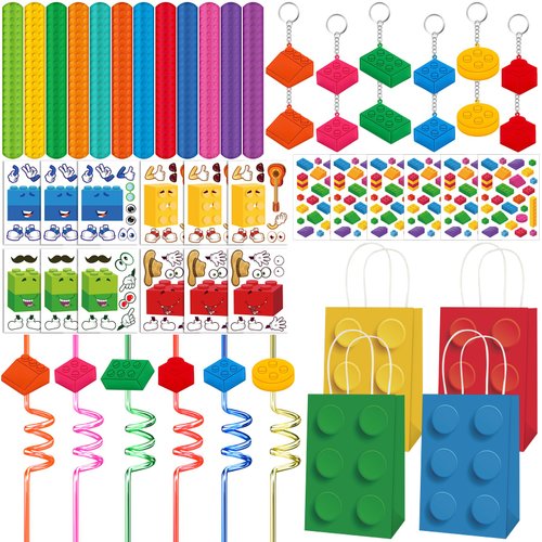 Erweicet Building Blocks Party Favor 72 PCS Slap Bracelet Temporary Tattoos DIY Sticker Keychain Plastic Straws Gift Bags for Kids Boys Birthday Party Baby Shower Classroom School Rewards