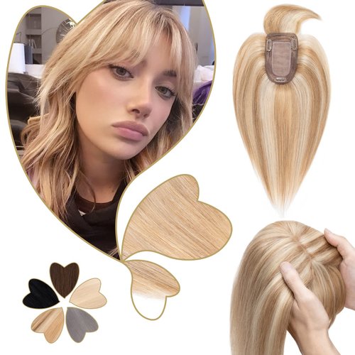 Benehair Clip in Hair Topper with Bangs Secret Topper Wiglet 100% Human Hair Clip in Top Hairpieces Fringe Bang for Womem with Thinning Hair 8inch 33g #12P613 Golden Brown&Bleach Blonde