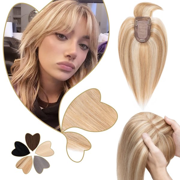 Benehair Clip in Hair Topper with Bangs Secret Topper Wiglet 100% Human Hair Clip in Top Hairpieces Fringe Bang for Womem with Thinning Hair 8inch 33g #12P613 Golden Brown&Bleach Blonde